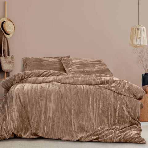 Ardor Vivienne Crushed Velvet Quilt Doona Duvet Cover Set Queen Champagne