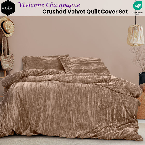 Ardor Vivienne Crushed Velvet Quilt Doona Duvet Cover Set Queen Champagne