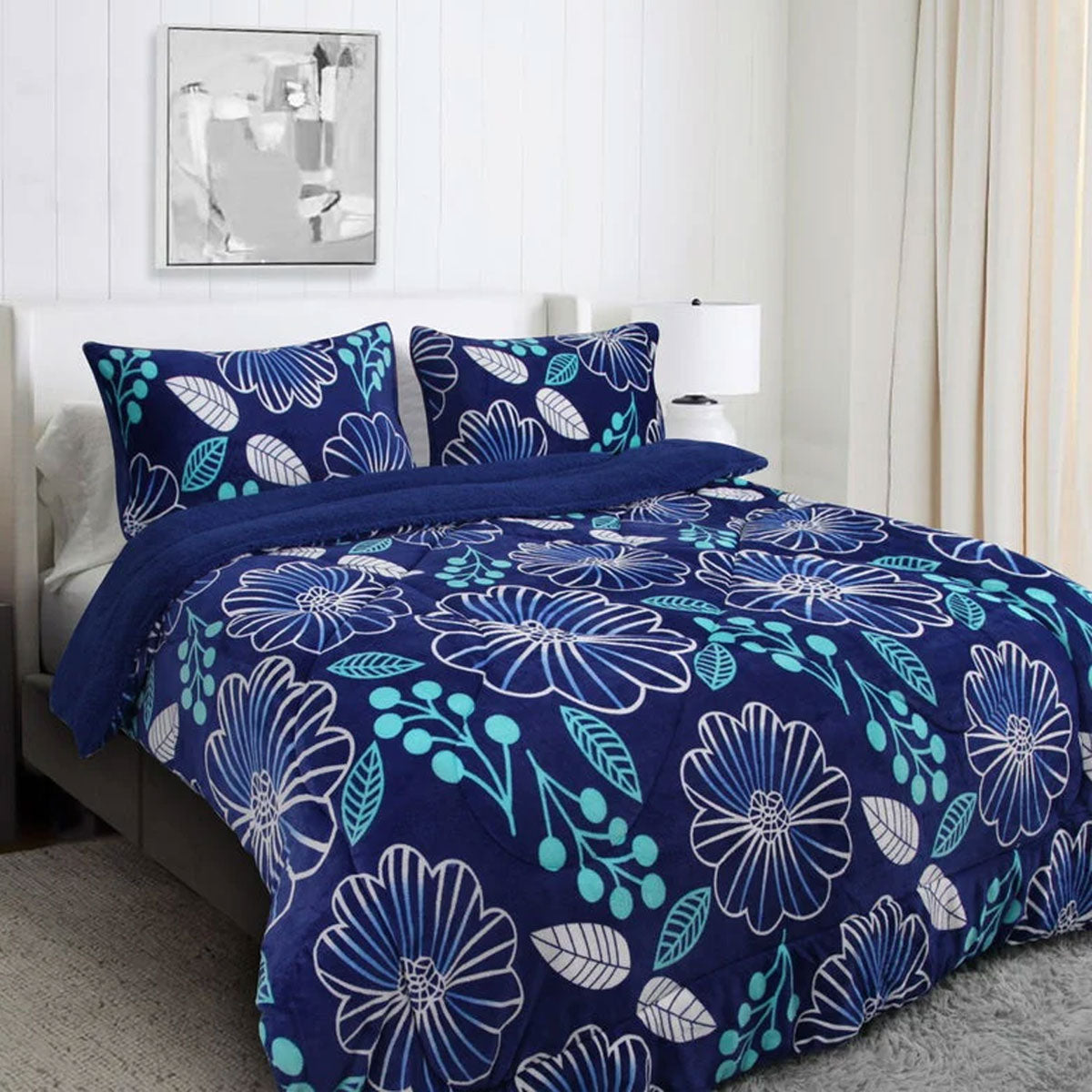 Ramesses Blue Flower Sherpa Flannel Fleece Reversible Comforter Quilt Queen / King
