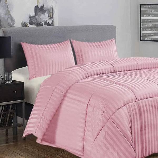 Ramesses 3 Piece Microfibre Striped Bedspread Comforter Coverlet Pink King