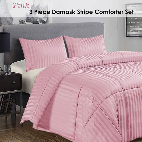 Ramesses 3 Piece Microfibre Striped Bedspread Comforter Coverlet Pink King