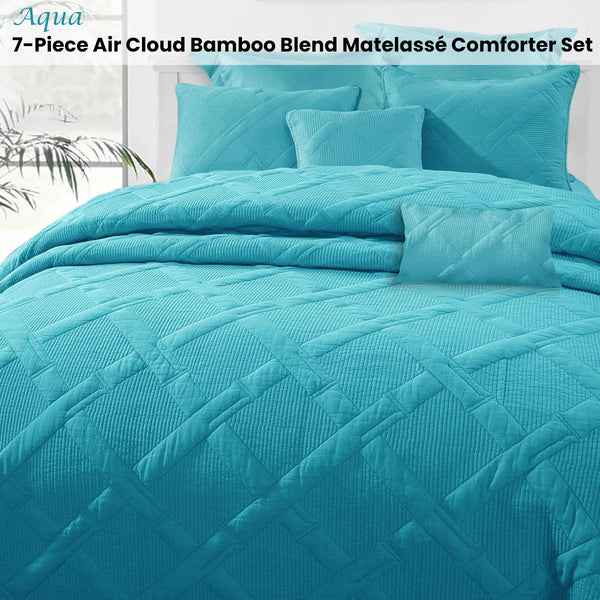 Ramesses 7 Pce Matelasse Bamboo Bedspread Comforter Coverlet Aqua Queen