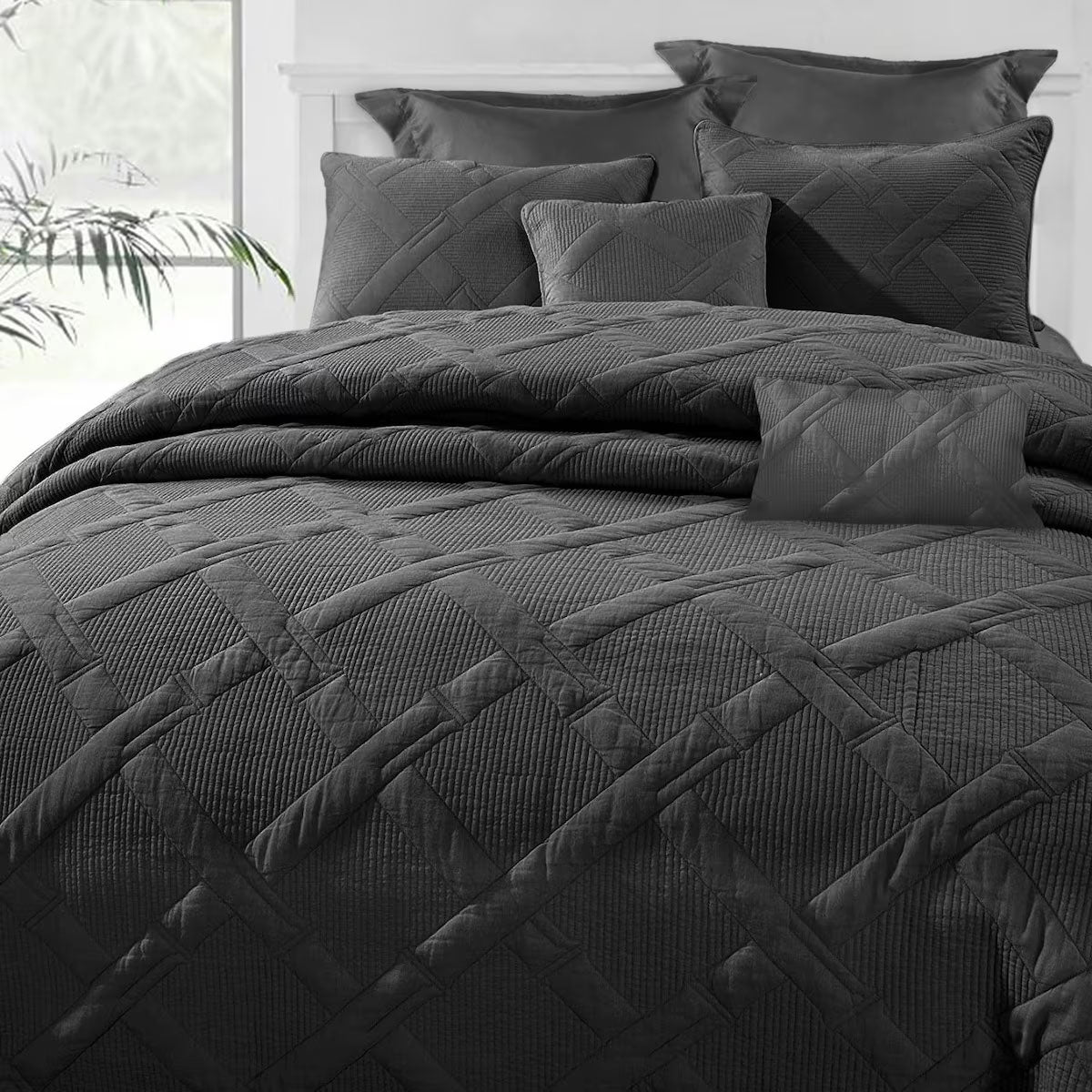 Ramesses 7 Pce Matelasse Bamboo Bedspread Comforter Coverlet Charcoal Queen