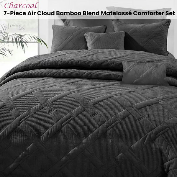 Ramesses 7 Pce Matelasse Bamboo Bedspread Comforter Coverlet Charcoal Queen