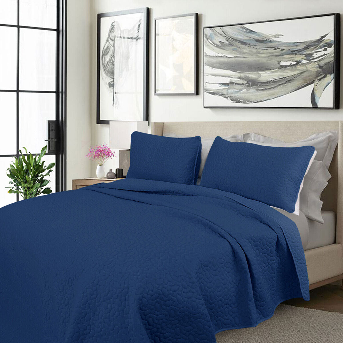 Shangri La 3 Pce 2000TC Navy Cooling Embroidered Comforter Bedspread King