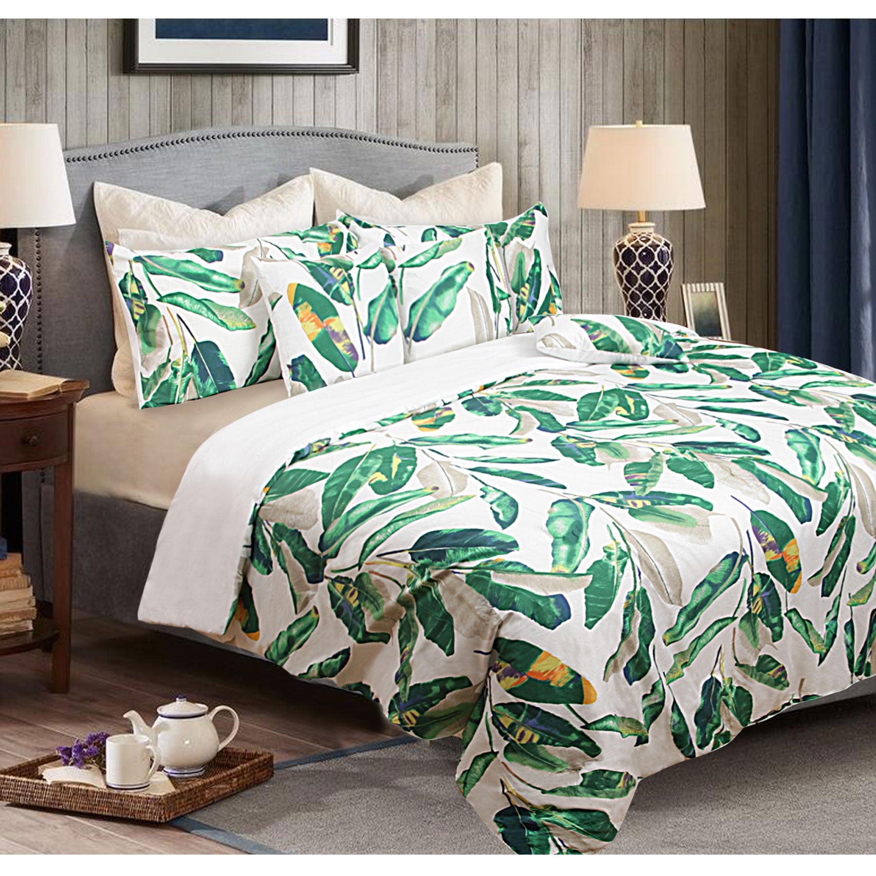 Shangri La Leaves 6 Piece Bedspread Comforter Coverlet Set Green Queen