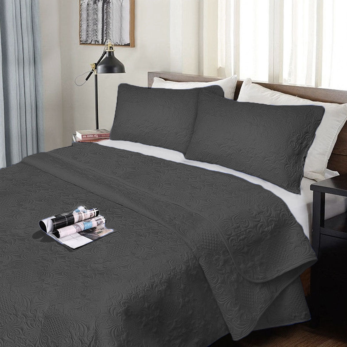 Ramesses 3 Piece Ultrasonic Bedspread Comforter Coverlet Queen Charcoal Grey