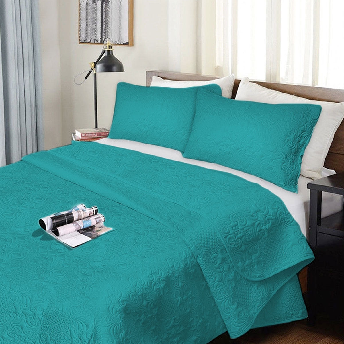 Ramesses 3 Piece Ultrasonic Bedspread Comforter Coverlet King Teal