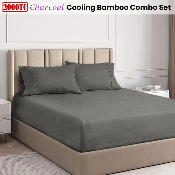 Ramesses 2000TC Bamboo Fitted Sheet Pillowcase Set Charcoal Queen