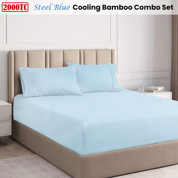 Ramesses 2000TC Cooling Bamboo Fitted Sheet Pillowcase Set Steel Blue King