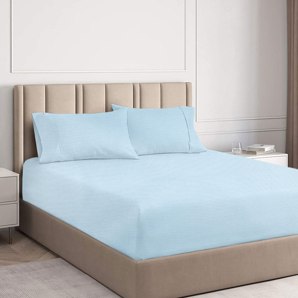 Ramesses 2000TC Cooling Bamboo Fitted Sheet Pillowcase Set Steel Blue Queen