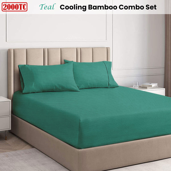 Ramesses 2000TC Cooling Bamboo Fitted Sheet Pillowcase Set Teal King Single