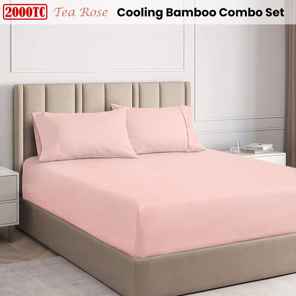 Ramesses 2000TC Cooling Bamboo Fitted Sheet Pillowcase Set Tea Rose Double