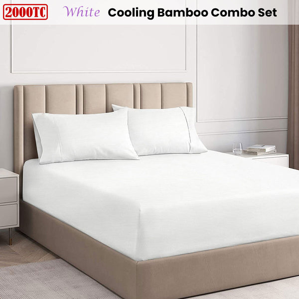 Ramesses 2000TC Cooling Bamboo Fitted Sheet Pillowcase Set White Single