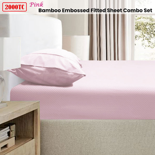 Ramesses 2000TC Bamboo Blend Embossed Fitted Sheet Set Pink King Single