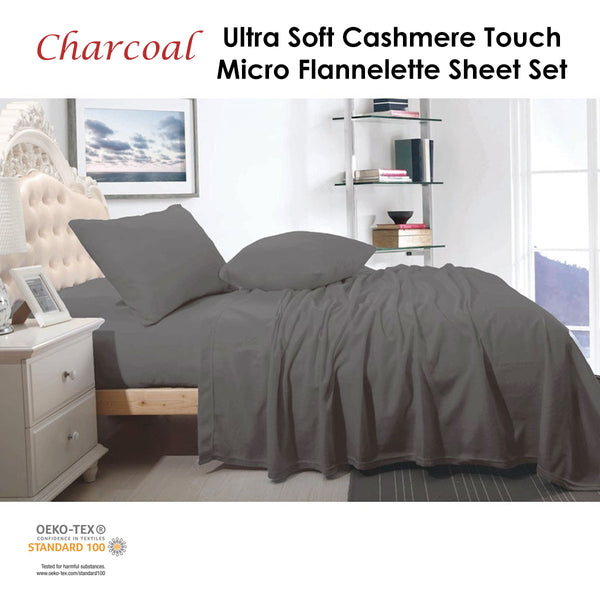Shangri La Cashmere Touch Micro Flannelette Flat Fitted Sheet Set Charcoal King