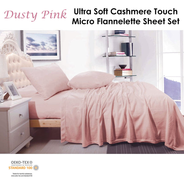Shangri La Cashmere Touch Micro Flannelette Flat Fitted Sheet Set Dusty Pink King