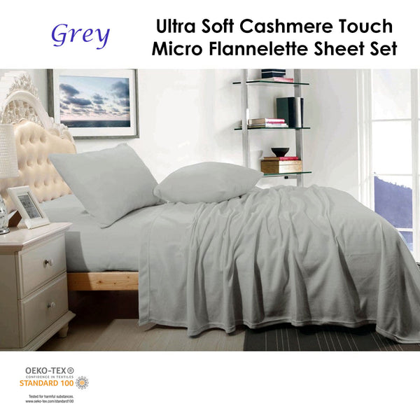 Shangri La Cashmere Touch Micro Flannelette Sheet Set Grey Single