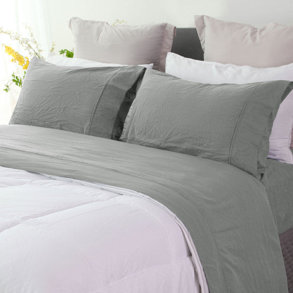 Ramesses Pebble Wash Linen Look Flat Fitted Sheet 40cm Wall Charcoal King Single