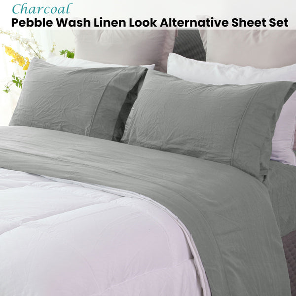 Ramesses Pebble Wash Linen Look Flat Fitted Sheet Set 40cm Wall Charcoal Queen