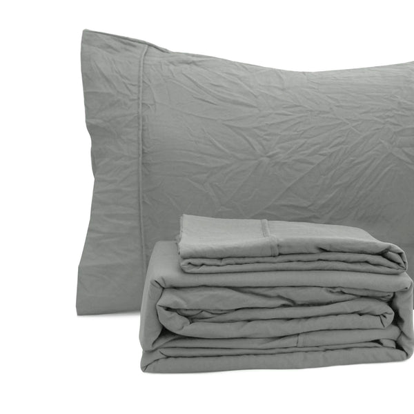 Ramesses Pebble Wash Linen Look Flat Fitted Sheet Set 40cm Wall Charcoal Queen