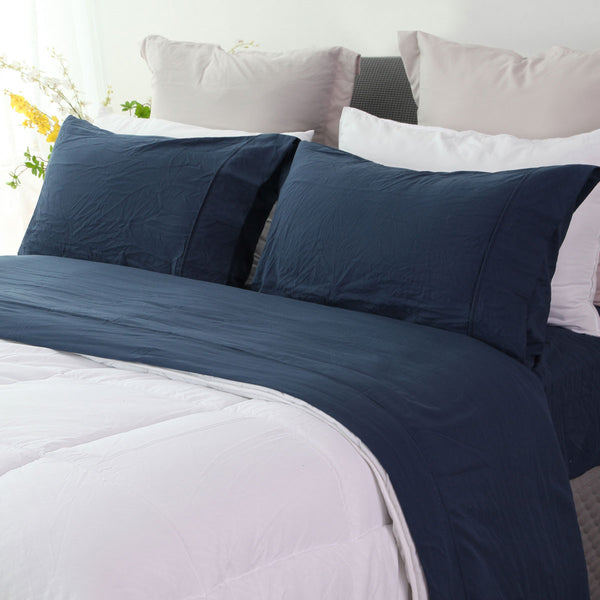 Ramesses Pebble Wash Linen Look Flat Fitted Sheet 40cm Wall Blue King Single