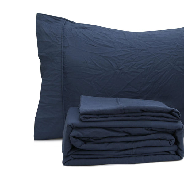 Ramesses Pebble Wash Linen Look Flat Fitted Sheet 40cm Wall Blue Queen
