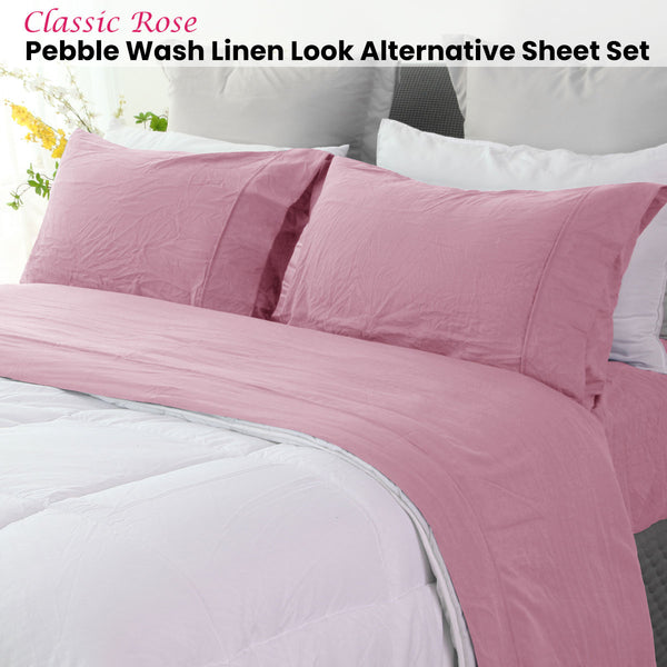 Ramesses Pebble Wash Linen Look Flat Fitted Sheet Set 40cm Wall Rose Single