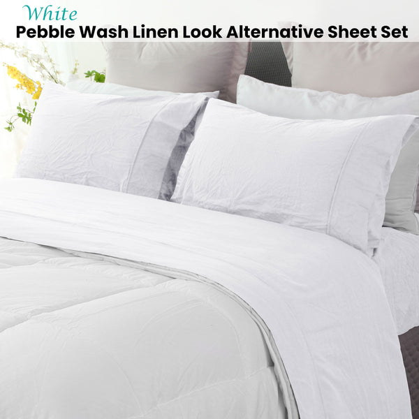 Ramesses Pebble Wash Linen Look Flat Fitted Sheet Set 40cm Wall White Queen
