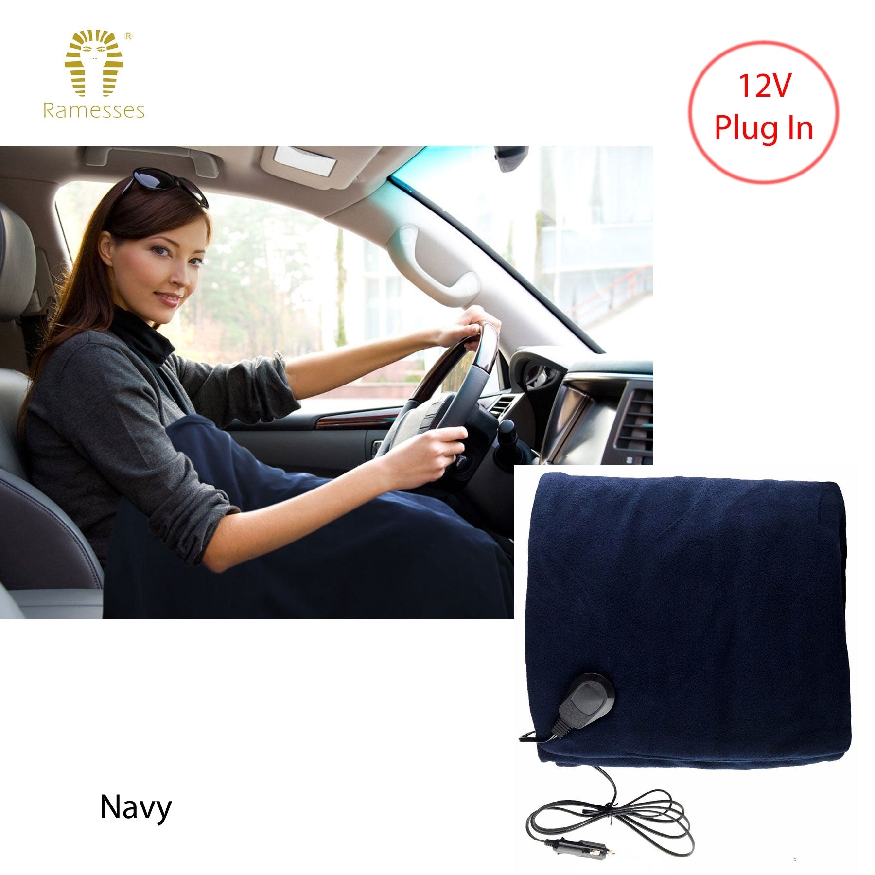 Ramesses 12V Electric Heated Car Blanket Throw Rug 110 x 150cm Navy
