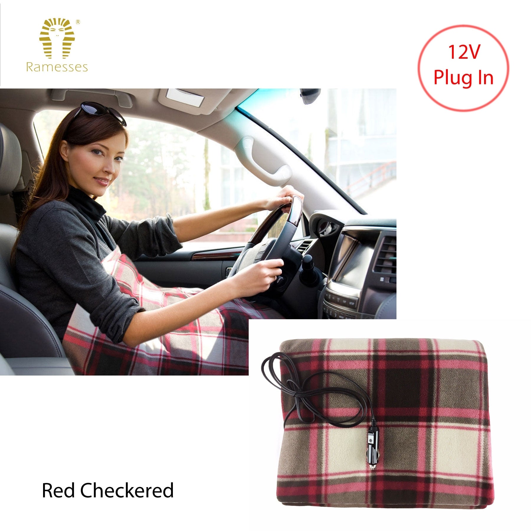 Ramesses 12V Electric Heated Car Blanket Throw Rug 110 x 150cm Red Check