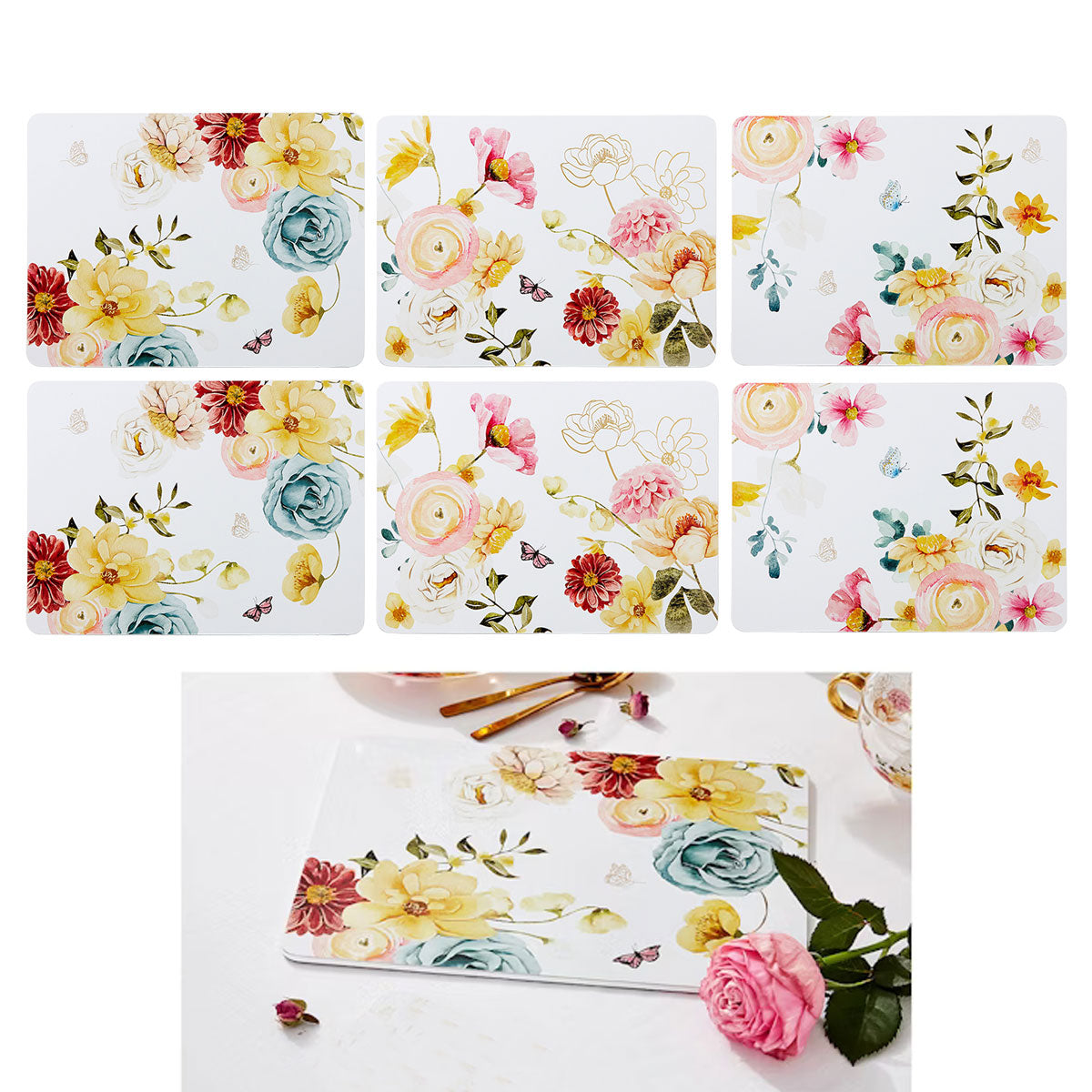 Ashdene Set of 6 Springtime Soiree Floral Table Mats Placemats Tablemats 29 x 21cm