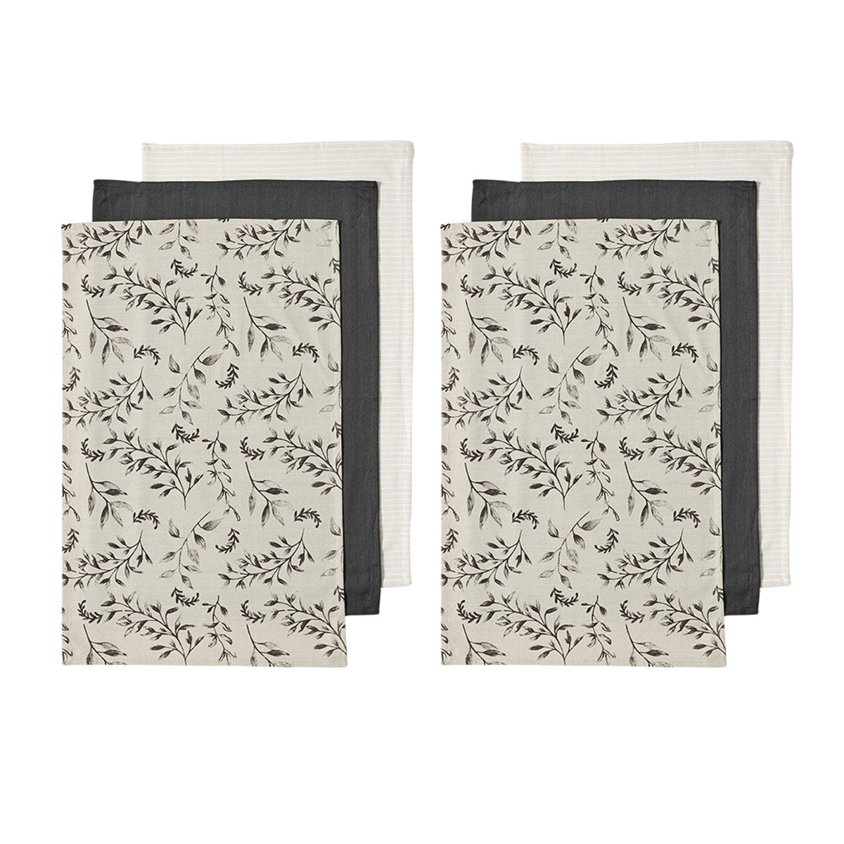 Ladelle Grown Ivy Set of 6 Cotton Kitchen Tea Towels Charcoal Grey