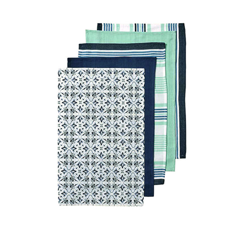 Ladelle Tile Set of 5 Cotton Kitchen Tea Towels Navy Blue Green