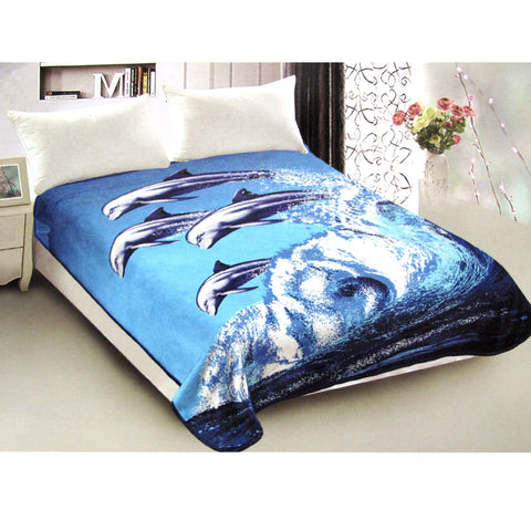 Reversible 800gsm Animal Pattern Mink Blanket Queen 200 x 240cm Jumping Dolphins
