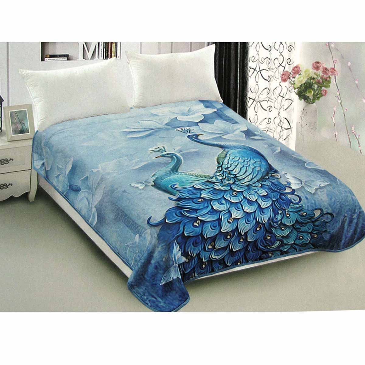 Peacocks Reversible Mink Blanket Throw Rug Queen 200 x 240cm