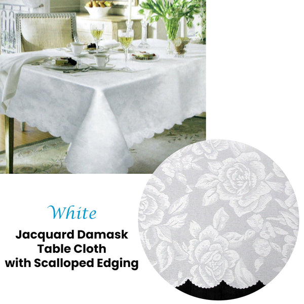 Jacquard Damask Scalloped Edging Table Cloth Tablecloth White 140 x 180cm