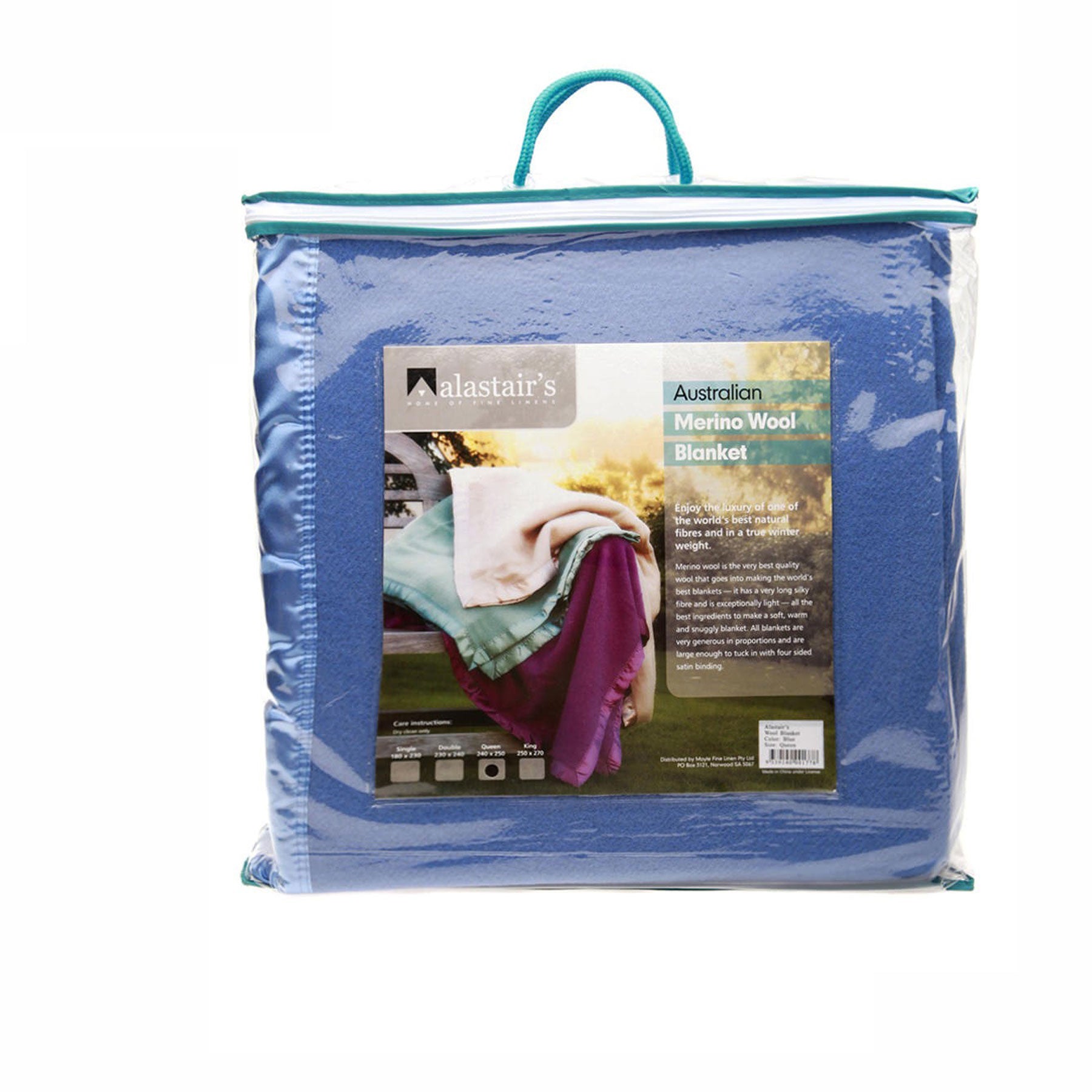 Alastairs 375GSM Australian Merino Wool Blanket Throw Rug Blue Double