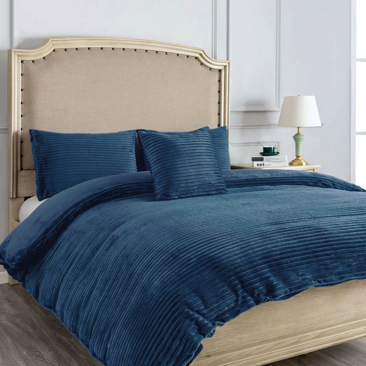 Alastairs Ruby Ribbed Flannel Fleece Quilt Doona Duvet Cover Set Navy Double