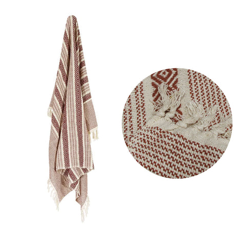 Cotton Aztec Fringe Blanket Throw Rug 125 x 150cm Rust