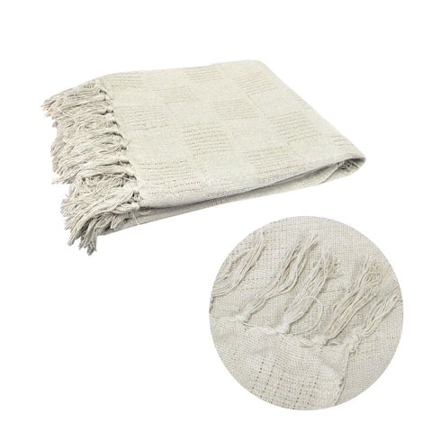 Checkerboard Cotton Texture Fringe Blanket Throw Rug 125 x 150cm Off White