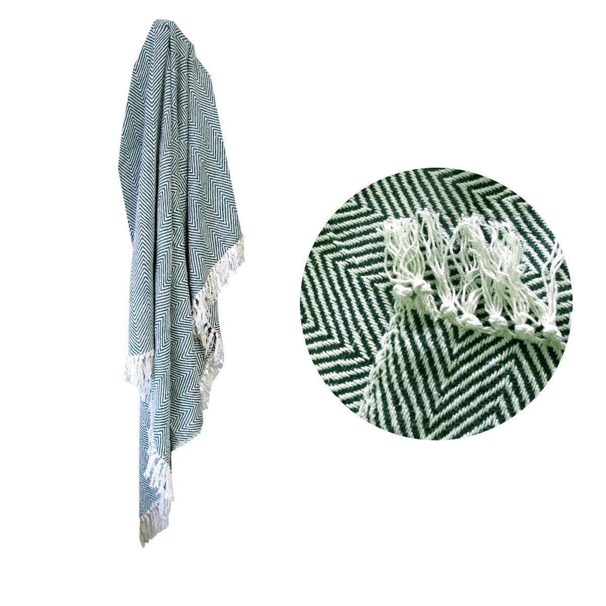 Cotton Chevron Fringe Blanket Throw Rug 125 x 150cm Green