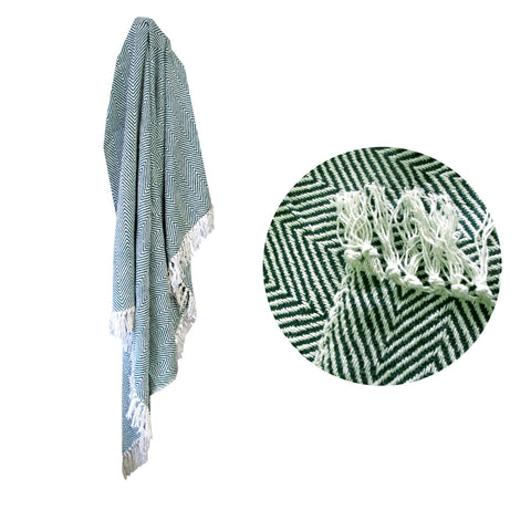 Cotton Chevron Fringe Blanket Throw Rug 125 x 150cm Green