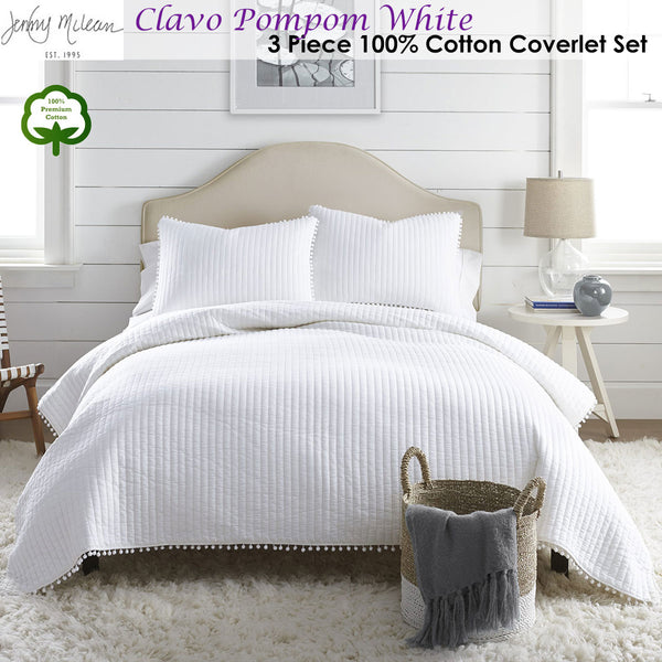 Jenny Mclean Clavo Pompom Bedspread Coverlet Comforter Quilt White Queen