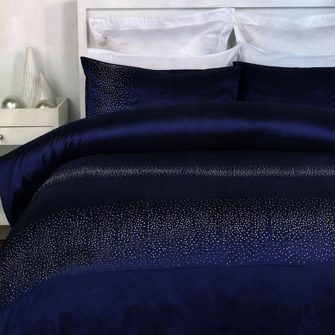 Koo Faux Silk Diamante Quilt Doona Duvet Cover Set Navy Blue Double