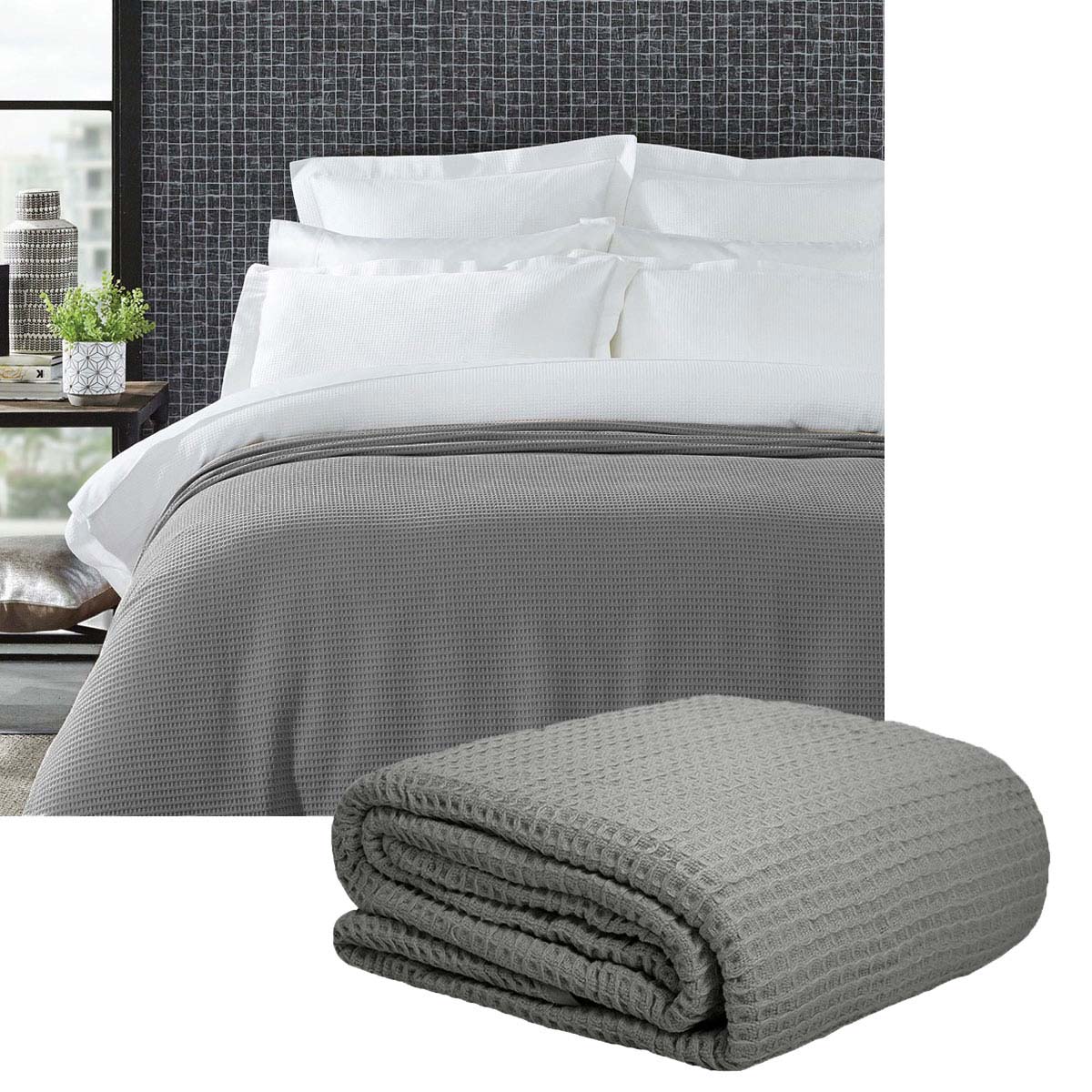 Living At Home 350gsm Cotton Waffle Weave Blanket Throw Queen Charcoal Grey
