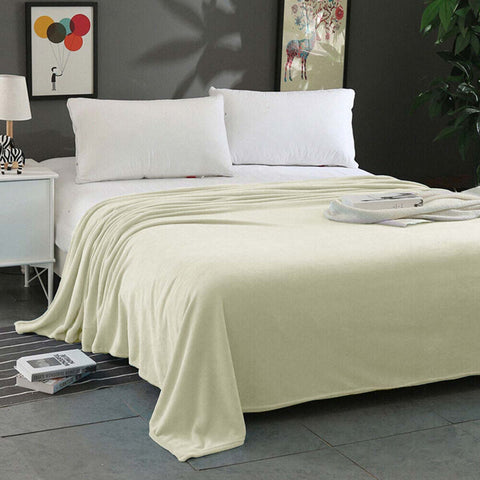 Micro Flannel Plush Blanket Throw Rug Queen 220 x 240cm Cream Ivory