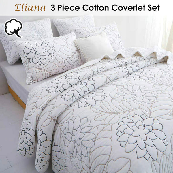 Eliana Cotton Floral Quilted Bedspread Coverlet Comforter White Queen