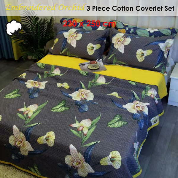 Orchid Floral Quilted Bedspread Comforter Coverlet Charcoal Grey Queen