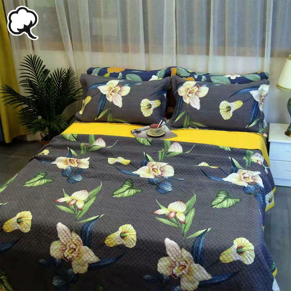 Orchid Floral Quilted Bedspread Comforter Coverlet Charcoal Grey Queen